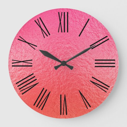 Bright Pink Coral Ombre Foil Black Roman Numerals Large Clock