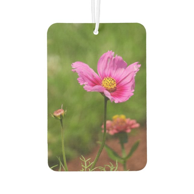 Bright Pink Cosmos Flower on Green Air Freshener (Back)