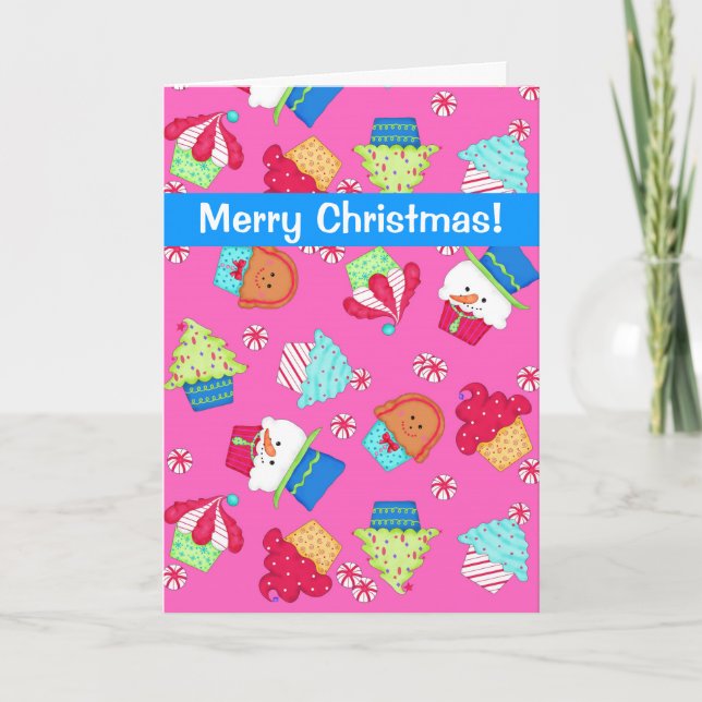 Bright Pink Cupcake Art Merry Christmas Holiday Card (Front)