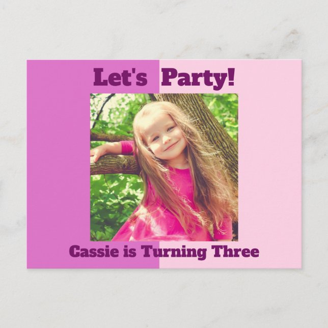Bright Pink Custom Kids Photo Girls Birthday Party Invitation Postcard (Front)