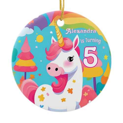 Bright Pink Cute Unicorn Birthday  Ceramic Ornament