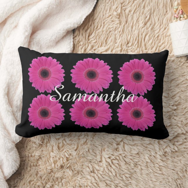 Bright Pink Daisies on Black Personalized Lumbar Pillow (Blanket)