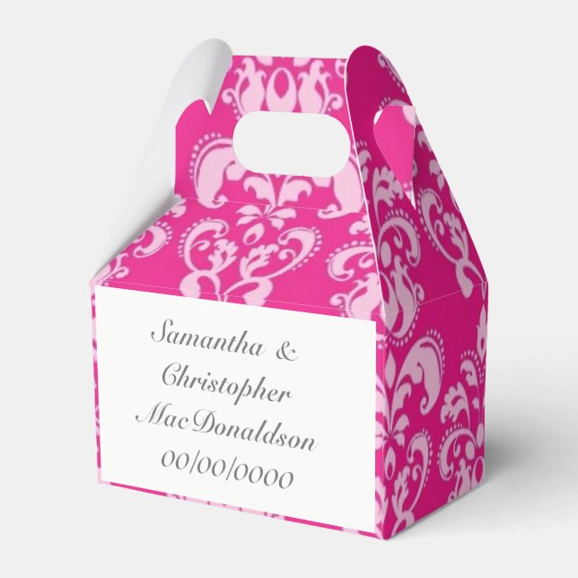 Bright pink damask wedding favor boxes (Back Side)