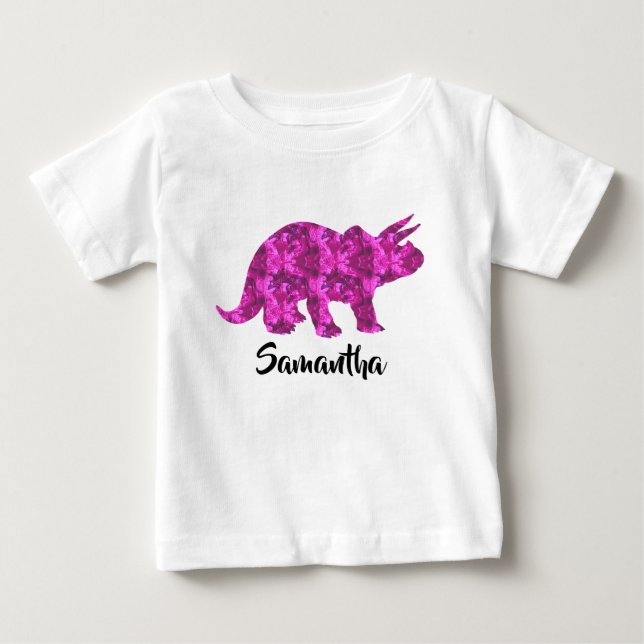 Bright Pink Dinosaur Personalized Girl Shirt (Front)