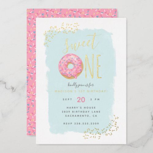 Bright Pink Doughnut Sprinkle Sweet 1st Birthday Foil Invitation