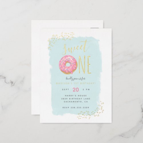 Bright Pink Doughnut Sprinkle Sweet 1st Birthday Foil Invitation Postcard