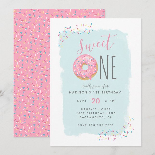 Bright Pink Doughnut Sprinkle Sweet 1st Birthday Invitation (Front/Back)