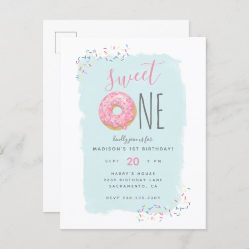 Bright Pink Doughnut Sprinkle Sweet 1st Birthday Invitation Postcard