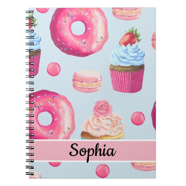 Bright Pink Doughnuts and Cupcakes on Baby Blue Notebook (Front)