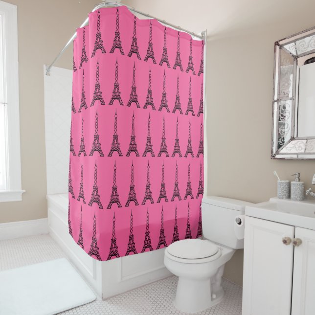 Bright Pink Eiffel Tower Shower Curtain (In Situ)