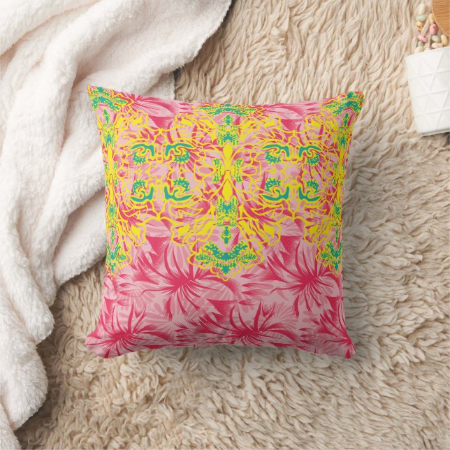 Bright pink fabric featuring vibrant floral patter throw pillow (Blanket)