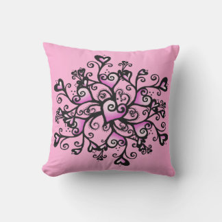 Bright Pink Fancy Hearts in cluster Black Scrolls Outdoor Pillow