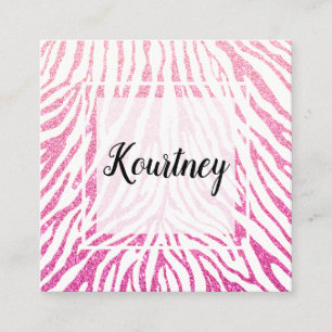 Bright Pink Faux Glitter Zebra Pattern White Frame Square Business Card