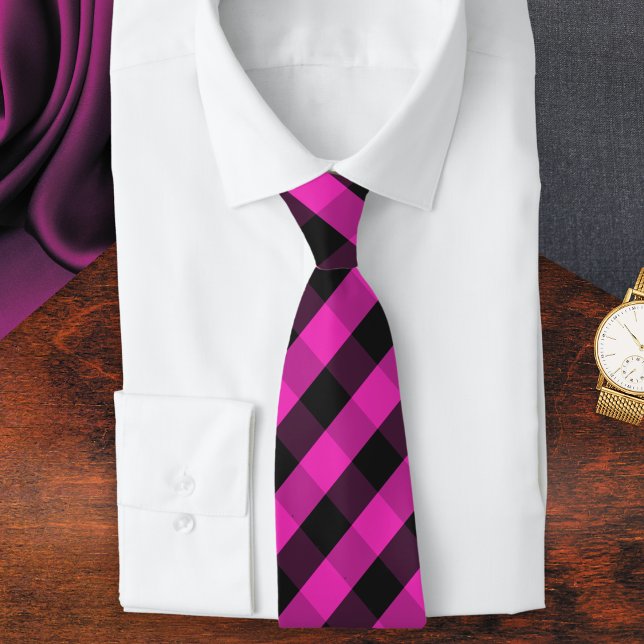 Bright Pink Festive Buffalo Check Plaid Patterned Neck Tie (A vibrant pink and black tie with a buffalo plaid pattern)