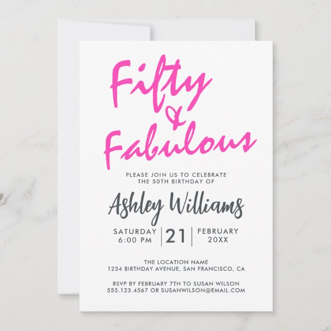 Bright Pink Fifty Fabulous | 50th Birthday Party Invitation (Front)