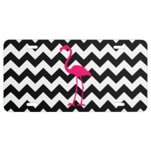 Bright Pink Flamingo Black and White Zigzag License Plate