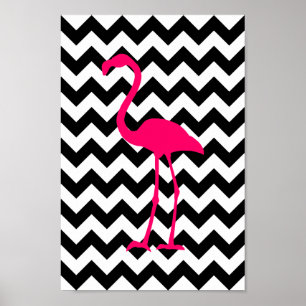 Bright Pink Flamingo Black and White Zigzag Poster