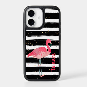 Bright Pink Flamingo Stripes Monogram iPhone 17 Case