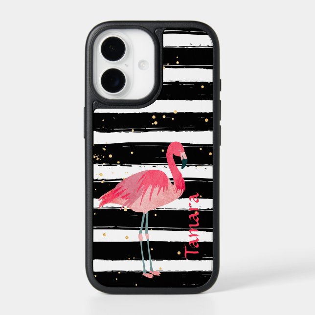Bright Pink Flamingo Stripes Monogram Otterbox iPhone Case (Back)