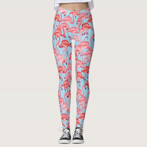 Bright Pink Flamingos On Blue 2 Leggings