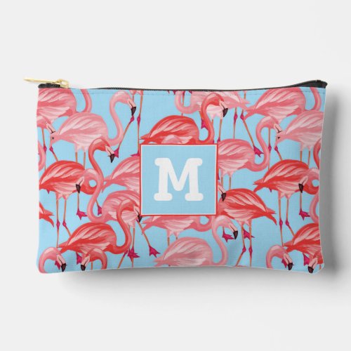 Bright Pink Flamingos On Blue  Add Your Initial Accessory Pouch