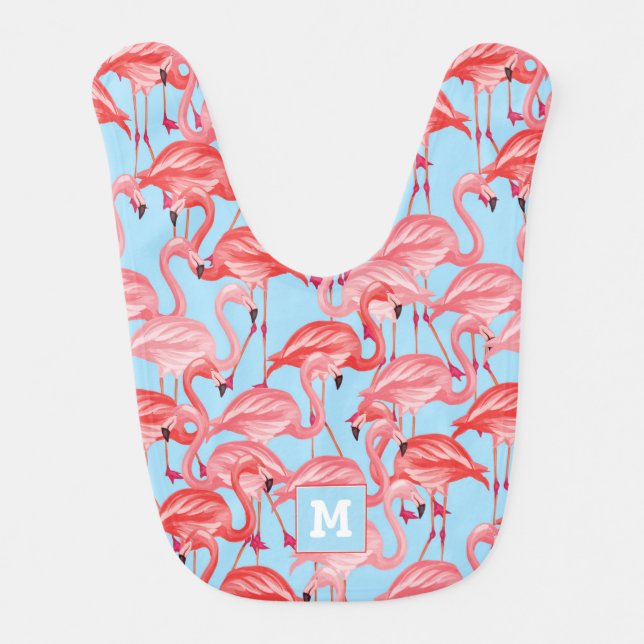 Bright Pink Flamingos On Blue | Add Your Initial Bib (Front)