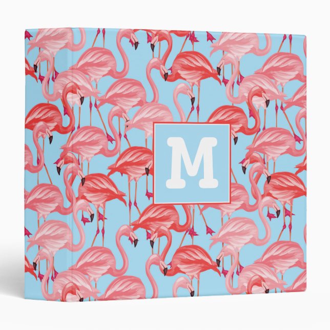 Bright Pink Flamingos On Blue | Add Your Initial Binder (Front/Spine)