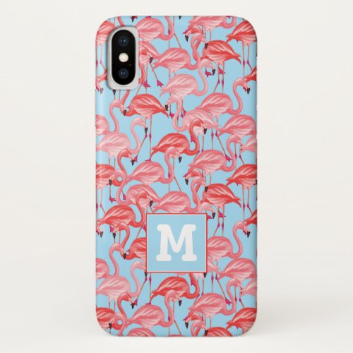 Bright Pink Flamingos On Blue  Add Your Initial iPhone X Case