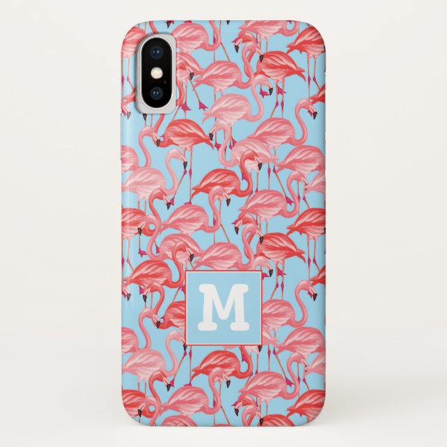 Bright Pink Flamingos On Blue | Add Your Initial Case-Mate iPhone Case (Back)