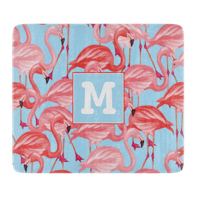 Bright Pink Flamingos On Blue | Add Your Initial Cutting Board (Front)