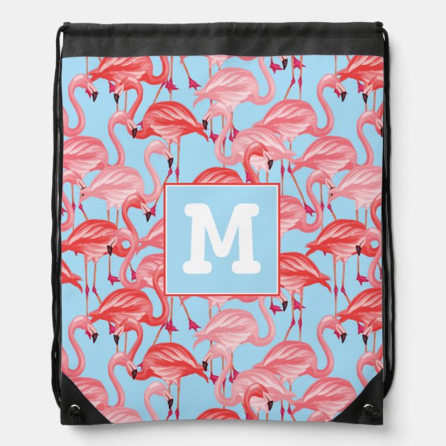 Bright Pink Flamingos On Blue | Add Your Initial Drawstring Bag (Front)