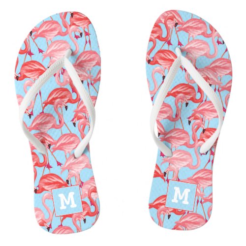 Bright Pink Flamingos On Blue  Add Your Initial Flip Flops