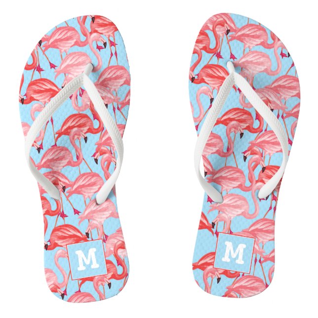Bright Pink Flamingos On Blue | Add Your Initial Flip Flops (Footbed)
