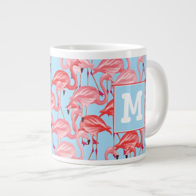 Bright Pink Flamingos On Blue | Add Your Initial Giant Coffee Mug (Front Right)