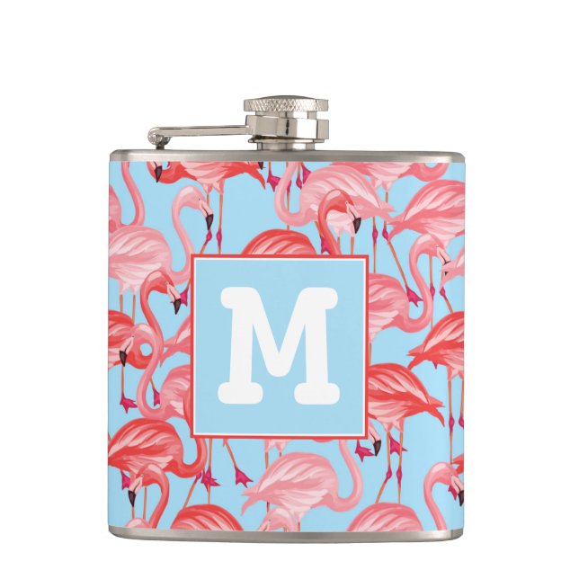 Bright Pink Flamingos On Blue | Add Your Initial Hip Flask (Front)