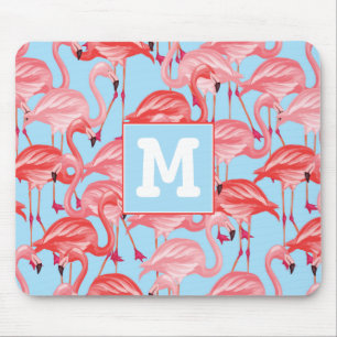 Bright Pink Flamingos On Blue   Add Your Initial Mouse Pad