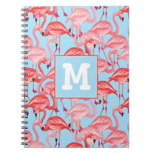 Bright Pink Flamingos On Blue   Add Your Initial Notebook