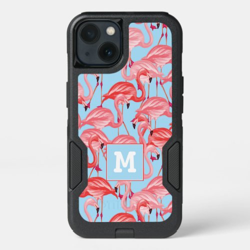 Bright Pink Flamingos On Blue  Add Your Initial iPhone 13 Case
