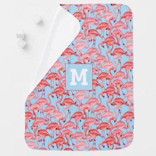 Bright Pink Flamingos On Blue Add Your Initial Receiving Blanket