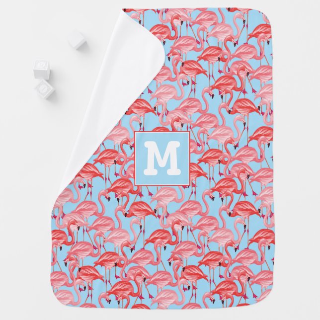 Bright Pink Flamingos On Blue | Add Your Initial Receiving Blanket (In Situ)