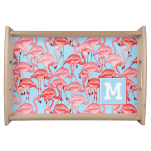 Bright Pink Flamingos On Blue Add Your Initial Serving Tray