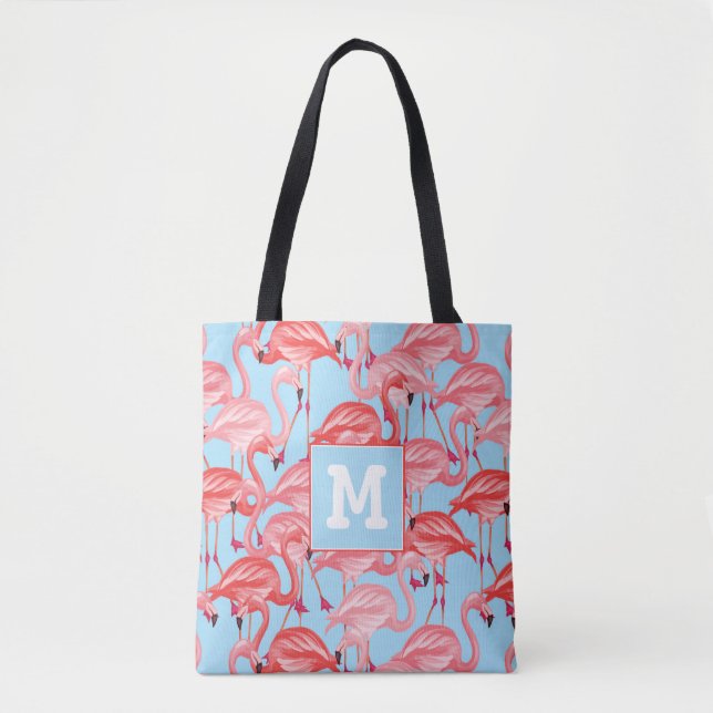 Bright Pink Flamingos On Blue | Add Your Initial Tote Bag (Front)