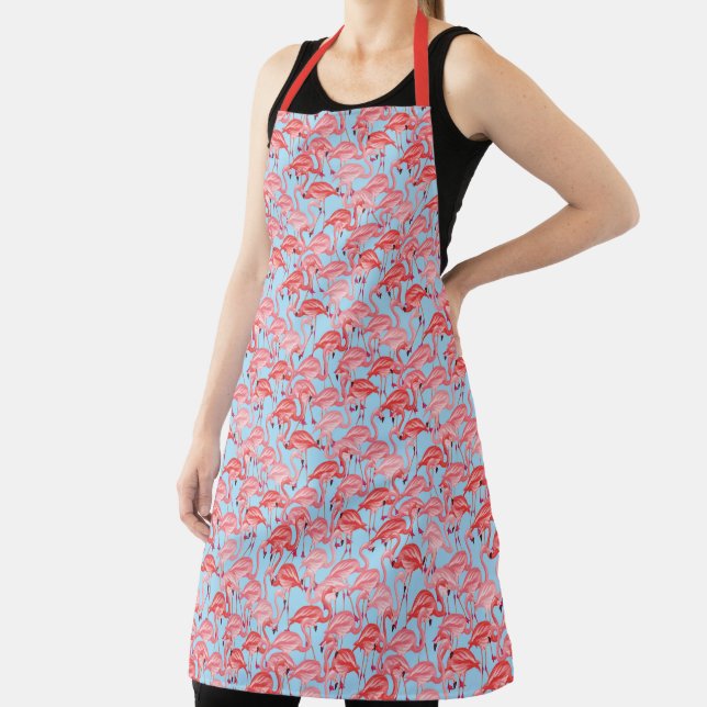 Bright Pink Flamingos On Blue Apron (Insitu)