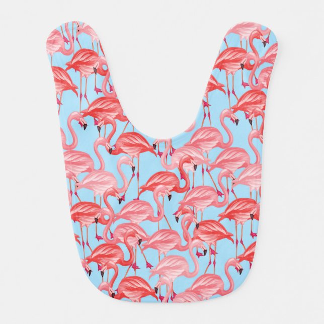 Bright Pink Flamingos On Blue Baby Bib (Front)