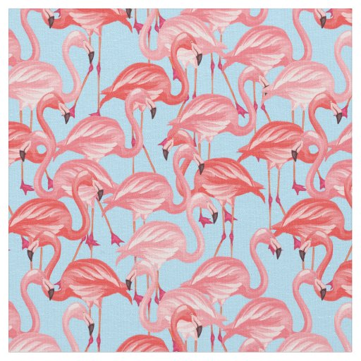Bright Pink Flamingos On Blue Fabric