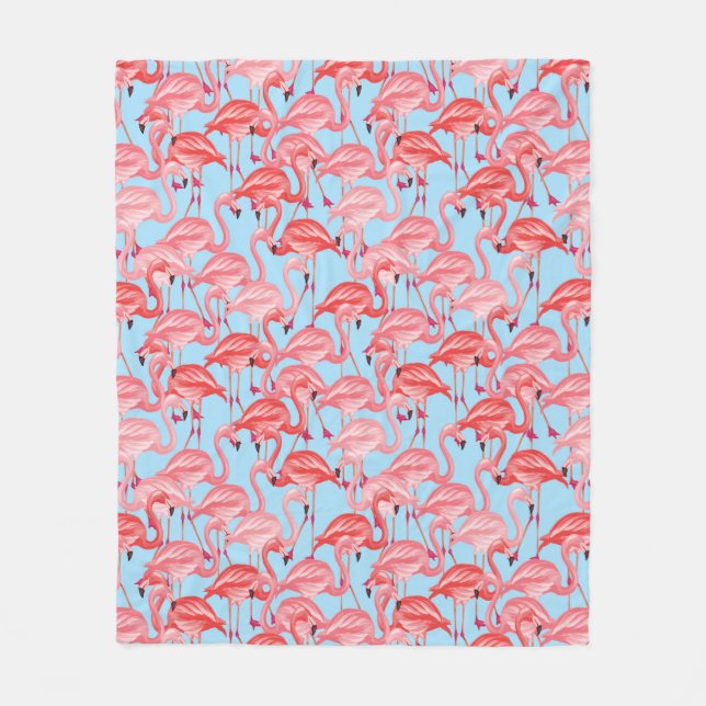 Bright Pink Flamingos On Blue Fleece Blanket (Front)