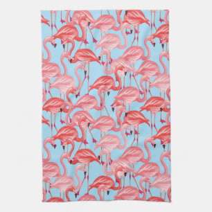 Bright Pink Flamingos On Blue Kitchen Towel