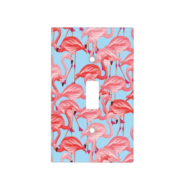 Bright Pink Flamingos On Blue Light Switch Cover (Front)