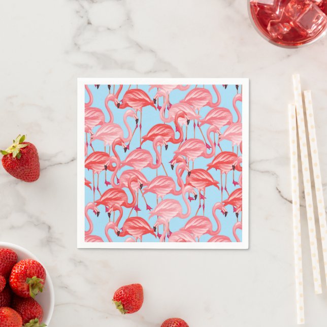 Bright Pink Flamingos On Blue Napkins (Insitu)