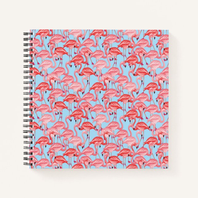 Bright Pink Flamingos On Blue Notebook (Front)